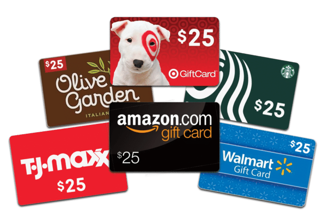 Image of gift cards, suggesting availability of gifting options or promotional offers.